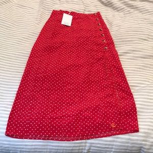 Asymmetrical button red and white polka dot skirt